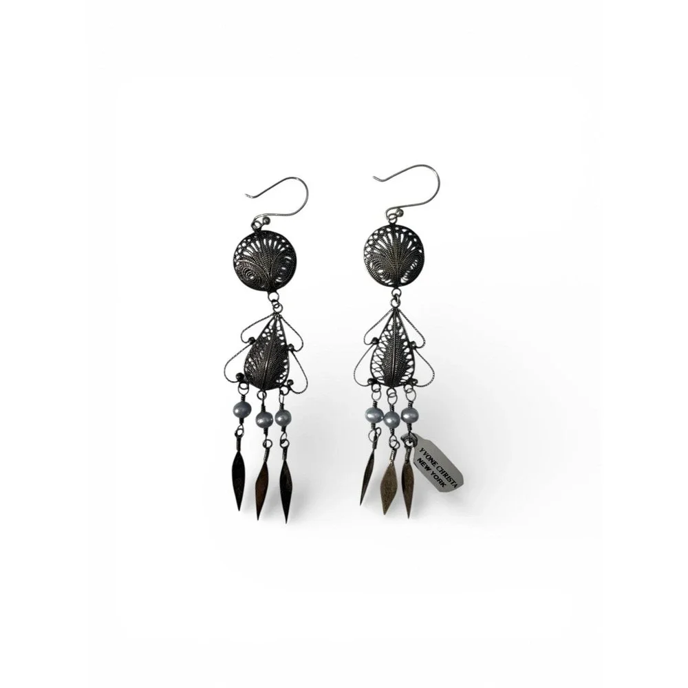 Vintage Yvone Christa Sterling Silver 925 Pearl Filigree Pierced Dangle Earrings
